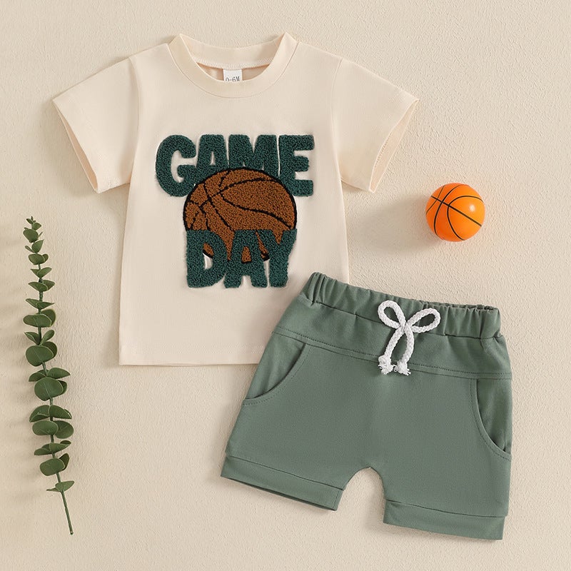 Cross-Border Children''s Clothing 2025 Summer Basketball Embroidered Short-Sleeved Tops and Shorts Two-Piece Boys'' Sports Style Suit - Image 2