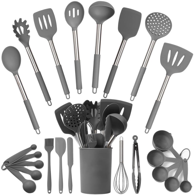 Culinary Couture 24Piece Grey Silicone Cooking Utensils Set  Nonstick Safe Stainless Steel Handles  Accessories