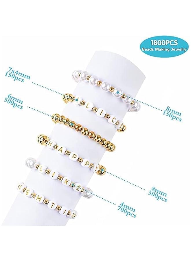 FYLX 1800 Beads Making Kit with Gold Round Beads Alphabet Beads White Pearls Beads and Elastic String for DIY Bracelet Jewelry Craft - Image 2