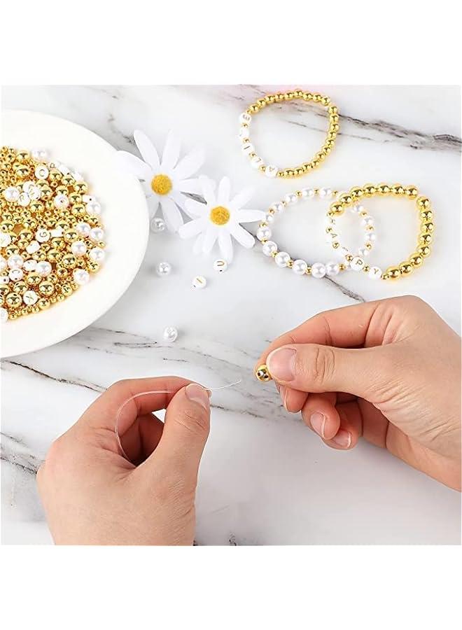 FYLX 1800 Beads Making Kit with Gold Round Beads Alphabet Beads White Pearls Beads and Elastic String for DIY Bracelet Jewelry Craft - Image 3