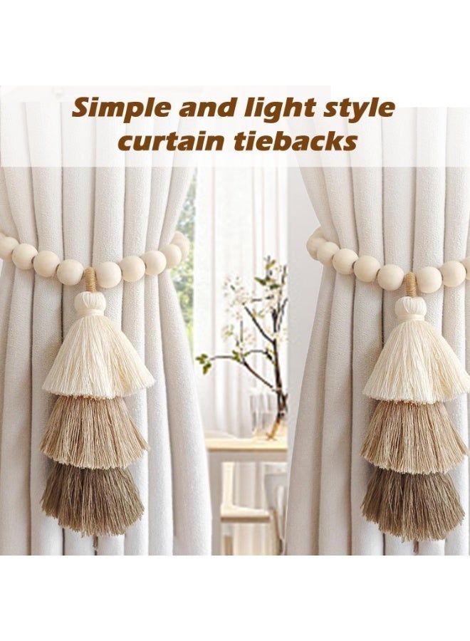 Handmade Magnetic Wooden Bead Curtain Tiebacks 2 PCS，Home Decoration Multi-Use Curtain Holdbacks, Boho Styles Curtain Decor for Home Office，Simple Elegant Magnetic Tassel Curtain Tie Backs - Image 4
