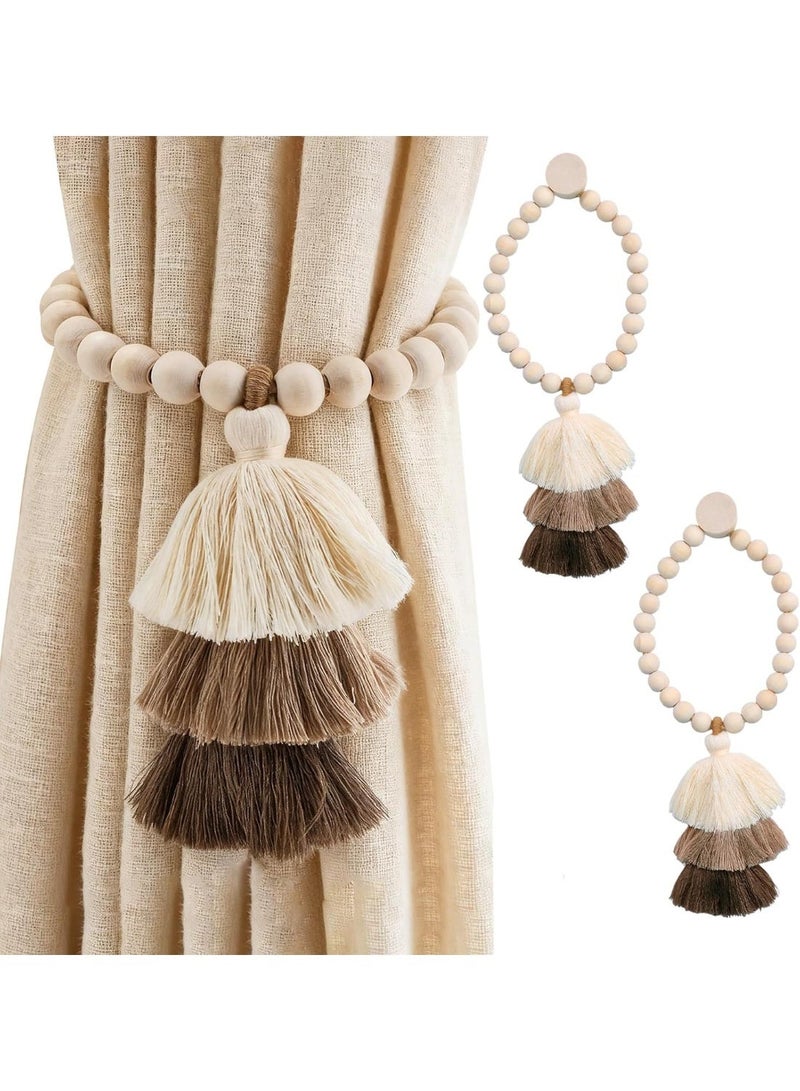 Handmade Magnetic Wooden Bead Curtain Tiebacks 2 PCS，Home Decoration Multi-Use Curtain Holdbacks, Boho Styles Curtain Decor for Home Office，Simple Elegant Magnetic Tassel Curtain Tie Backs - Image 1
