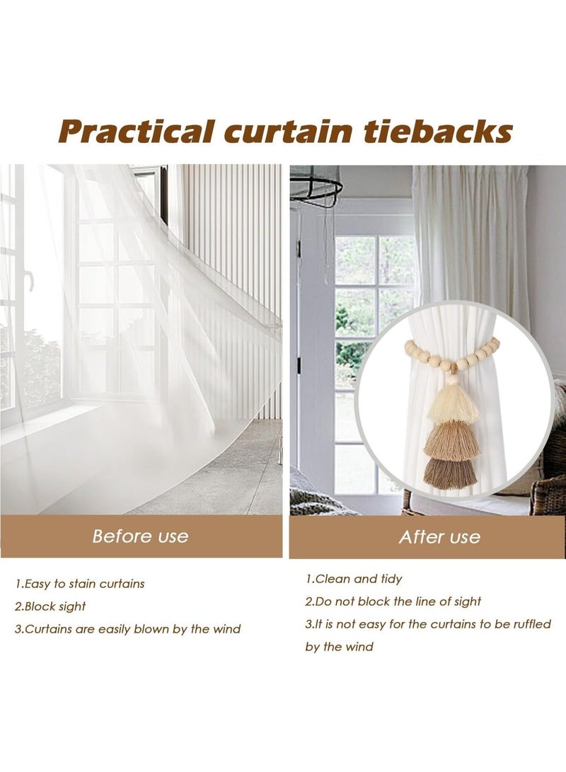 Handmade Magnetic Wooden Bead Curtain Tiebacks 2 PCS，Home Decoration Multi-Use Curtain Holdbacks, Boho Styles Curtain Decor for Home Office，Simple Elegant Magnetic Tassel Curtain Tie Backs - Image 3