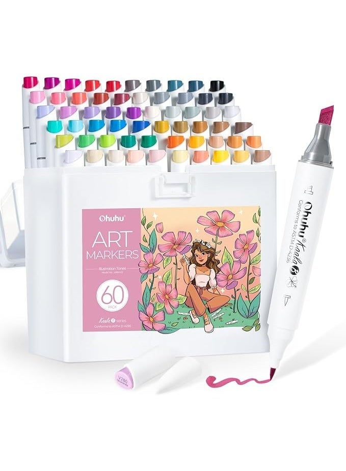 Ohuhu Alcohol Pens, 60 Colours, Slim Wide & Brush with Double Tip, Art Marker Set for Artists, Adults, Colouring, Drawing, Sketching, Highlighting, Comic Clay from the Kaala B Series - Image 1