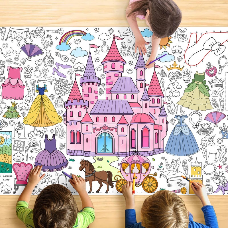 JOYGATHER Princess Coloring Tablecloth for Kids, Giant 30x72 Inch Poster with Castles, Crowns, Fairy Tale Icons, Perfect for Girls Princess Party Games, Royal Decorations, Celebration Supplies - Image 1
