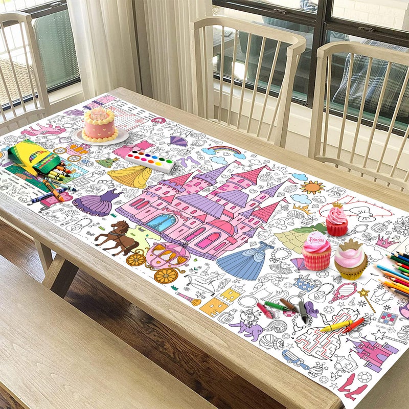 JOYGATHER Princess Coloring Tablecloth for Kids, Giant 30x72 Inch Poster with Castles, Crowns, Fairy Tale Icons, Perfect for Girls Princess Party Games, Royal Decorations, Celebration Supplies - Image 5