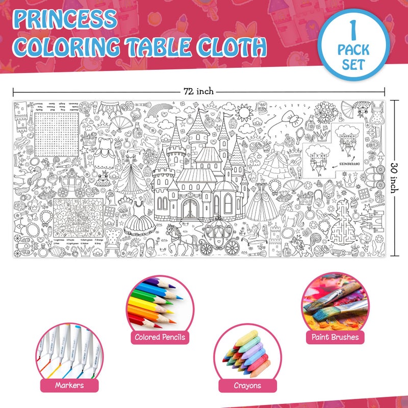 JOYGATHER Princess Coloring Tablecloth for Kids, Giant 30x72 Inch Poster with Castles, Crowns, Fairy Tale Icons, Perfect for Girls Princess Party Games, Royal Decorations, Celebration Supplies - Image 2