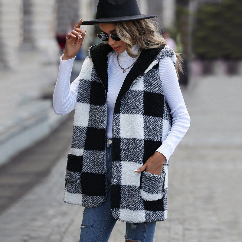 Women's Mid-Length Hooded Sleeveless Plaid Reversible Fleece Loose Jacket - Image 3