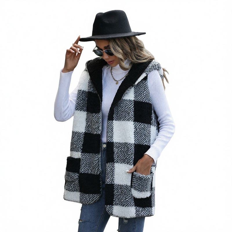 Women's Mid-Length Hooded Sleeveless Plaid Reversible Fleece Loose Jacket - Image 2