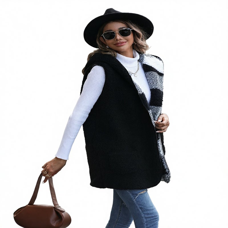 Women's Mid-Length Hooded Sleeveless Plaid Reversible Fleece Loose Jacket - Image 1