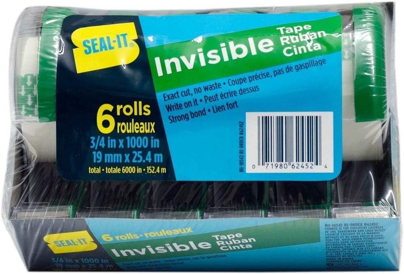 Seal-It Invisible Stationery Tape 3/4 x 1000 Inches On Press N' Cut Dispenser, Pack of 6 Total 6000 Inches, White (62452) - Image 5
