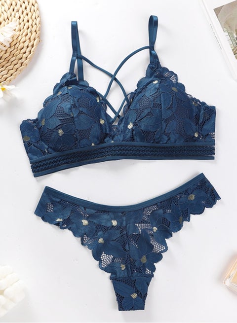 Navy Blue Bikini Set with Lace Details, 2-Piece