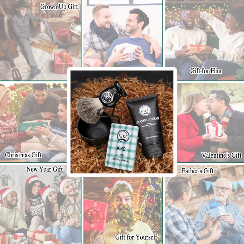 Kikc طقم حلاقة KIKC 5 في 1 للحلاقة الرطبة، يتضمن فرشاة حلاقة مصنوعة يدويًا من شعر ثعلب البحر، وعاء صابون من الفولاذ المقاوم للصدأ، وحامل فرشاة الحلاقة، وكريم حلاقة، أفضل هدية للرجل ذو اللحية، أسود فاخر - Image 4