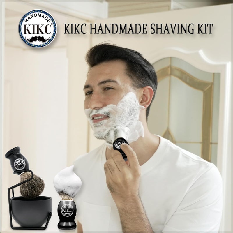 Kikc طقم حلاقة KIKC 5 في 1 للحلاقة الرطبة، يتضمن فرشاة حلاقة مصنوعة يدويًا من شعر ثعلب البحر، وعاء صابون من الفولاذ المقاوم للصدأ، وحامل فرشاة الحلاقة، وكريم حلاقة، أفضل هدية للرجل ذو اللحية، أسود فاخر - Image 5