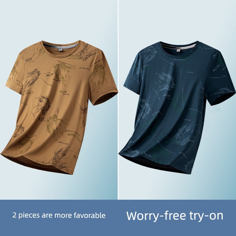 Ice silk short-sleeved T-shirt for men's summer thin trendy printed T-shirt, fashionable wrinkle-resistant ice-cold half-sleeved handsome top - Image 2
