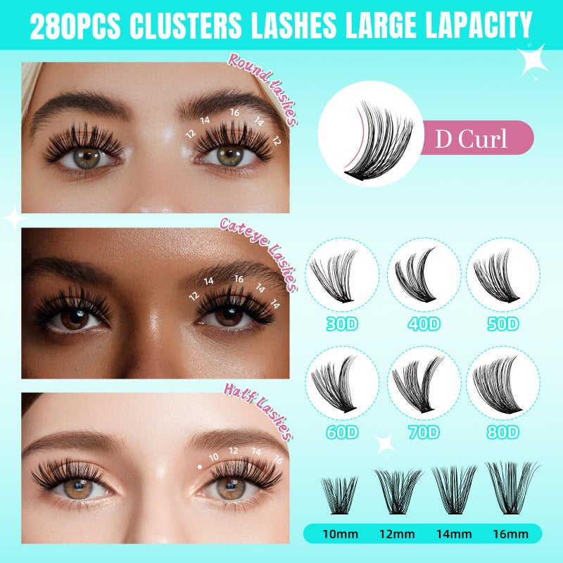 AMZGIRL LASH Lash Clusters Wispy 280PCS Eyelash Extension 50D Cluster Lashes Individual Lashes DIY Lash Extension Natural Look Cluster Eyelash Extensions Soft False Eyelashes at Home for Beginners(14mm) - Image 3