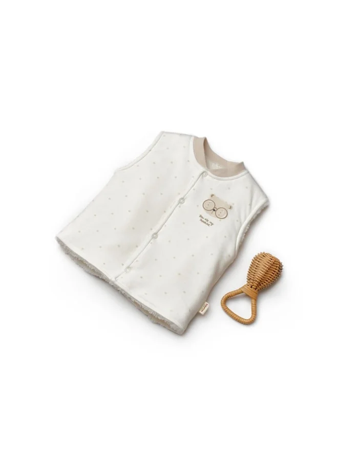 Magu Organic Cotton Plush-Lined Sleeveless Baby Vest with Sunglasses-Wearing Teddy Bear Design.