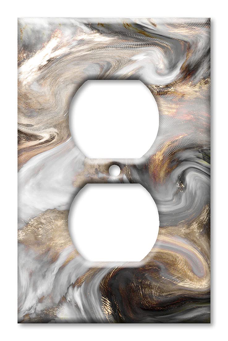 Art Plates Single Gang Electrical Duplex Outlet Decorative Metal Wall Plate 1 Gang Outlet Plug Cover Grey and Brown Swirl Marble Granite Print Made in USA