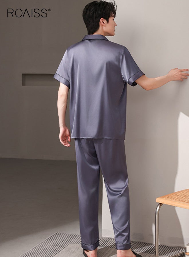 رويس بيجامة صيفية للرجال ذات ياقة رفيعة قابلة للتهوية وأزرار أمامية، مكونة من 3 قطع بأكمام قصيرة وبنطال طويل ومجموعة بيجامات قصيرة، طقم ملابس مريحة غير رسمية بخصر مطاطي - Image 2