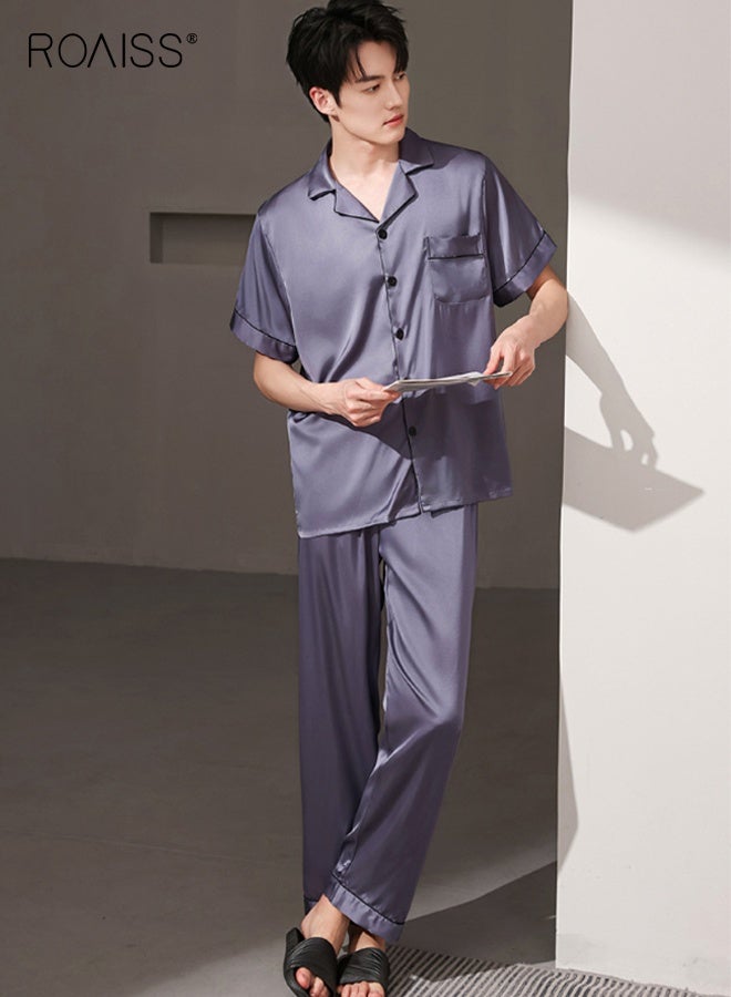 رويس بيجامة صيفية للرجال ذات ياقة رفيعة قابلة للتهوية وأزرار أمامية، مكونة من 3 قطع بأكمام قصيرة وبنطال طويل ومجموعة بيجامات قصيرة، طقم ملابس مريحة غير رسمية بخصر مطاطي - Image 1