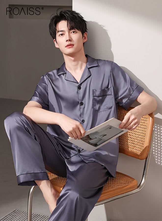 رويس بيجامة صيفية للرجال ذات ياقة رفيعة قابلة للتهوية وأزرار أمامية، مكونة من 3 قطع بأكمام قصيرة وبنطال طويل ومجموعة بيجامات قصيرة، طقم ملابس مريحة غير رسمية بخصر مطاطي - Image 5