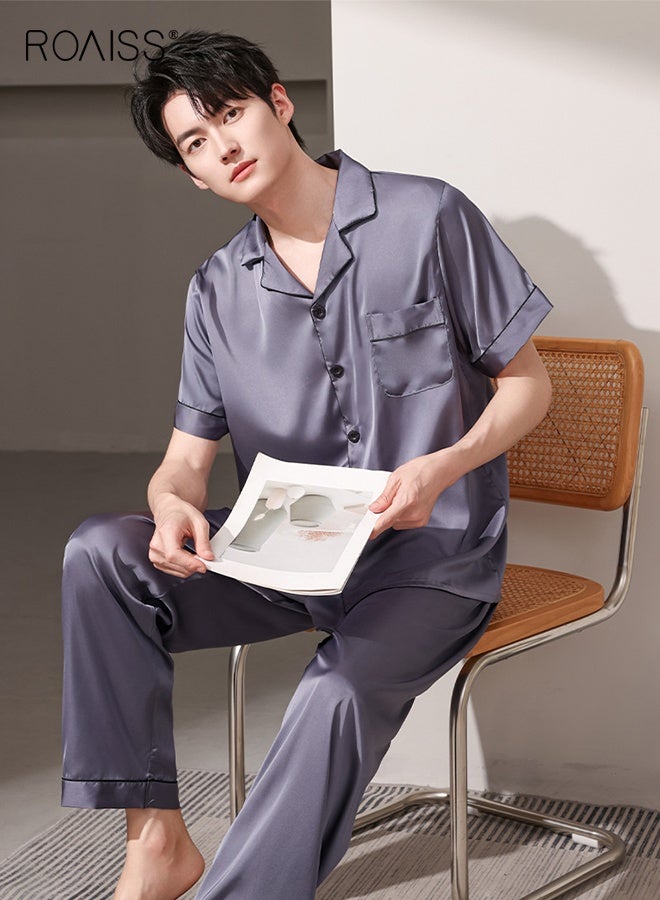 رويس بيجامة صيفية للرجال ذات ياقة رفيعة قابلة للتهوية وأزرار أمامية، مكونة من 3 قطع بأكمام قصيرة وبنطال طويل ومجموعة بيجامات قصيرة، طقم ملابس مريحة غير رسمية بخصر مطاطي - Image 3