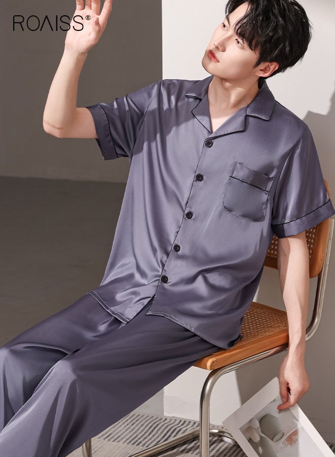 رويس بيجامة صيفية للرجال ذات ياقة رفيعة قابلة للتهوية وأزرار أمامية، مكونة من 3 قطع بأكمام قصيرة وبنطال طويل ومجموعة بيجامات قصيرة، طقم ملابس مريحة غير رسمية بخصر مطاطي - Image 4