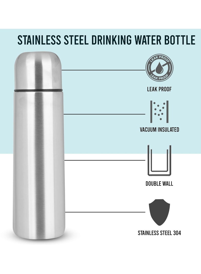 Water Flask, Double Walled Vacuum Insulated Thermos 1l, Leakproof 24 Hours Hot and Cold Water Bottle, Durable Stainless-Steel Interior and Exterior, Silver  - Image 2