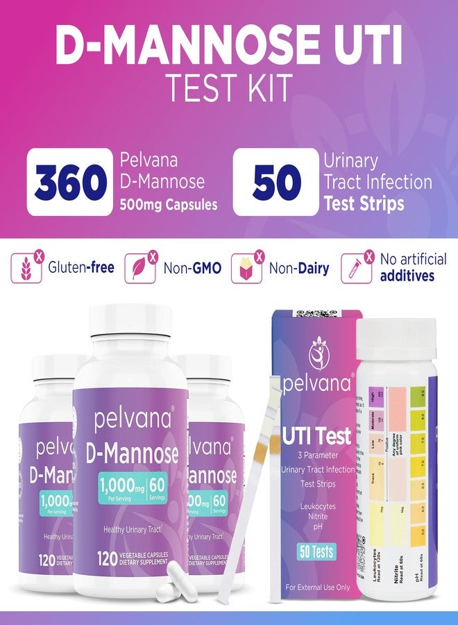 Pelvana D-Mannose UTI Kit for Women – UTI Test Strips & D-Mannose Supplement, At-Home Testing, Maintains Healthy Urinary Tract Balance, Flushes Impurities – 3 Bottles (120 Capsules + 50 Test Strips - Image 2