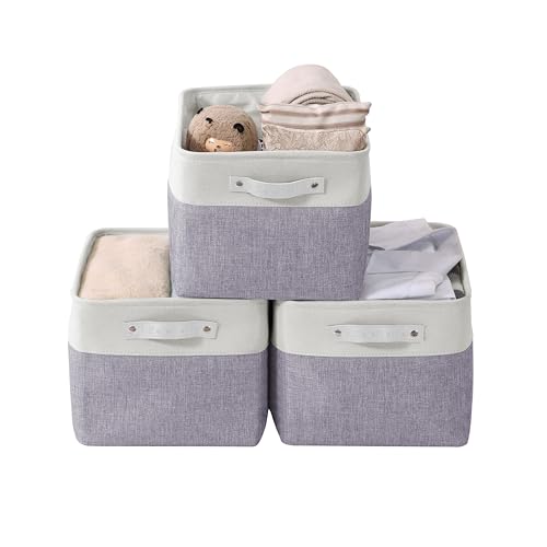 DECOMOMO Storage Bins Fabric Storage Baskets for Shelves Linen Closet Organization Toys Nursery Purple and White Large  3 Pack