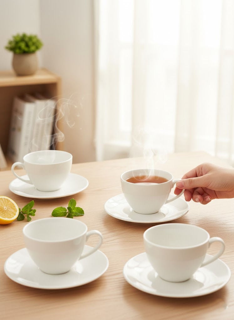 REEM 12-Piece Porcelain Tea Cup & Saucer Set 220ML White, Set for 6 People - Image 2