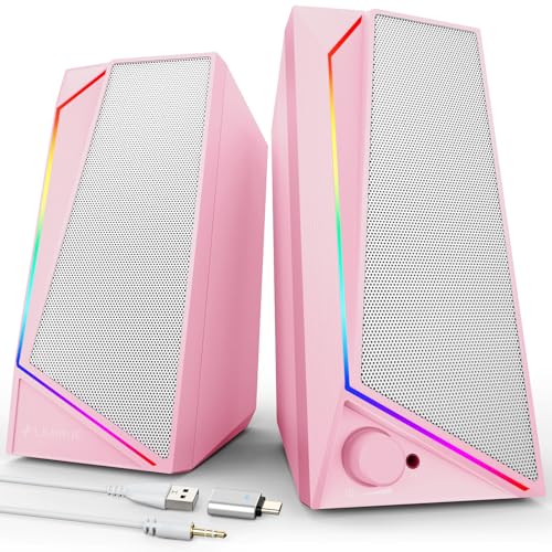 LENRUE Computer Speakers, USB/USB-C Powered PC Speakers with Loud Stereo Sound, Headphone-in for Desktop, Laptop, Monitor (USB-C to USB Adapter Included) (Pink) - Image 1