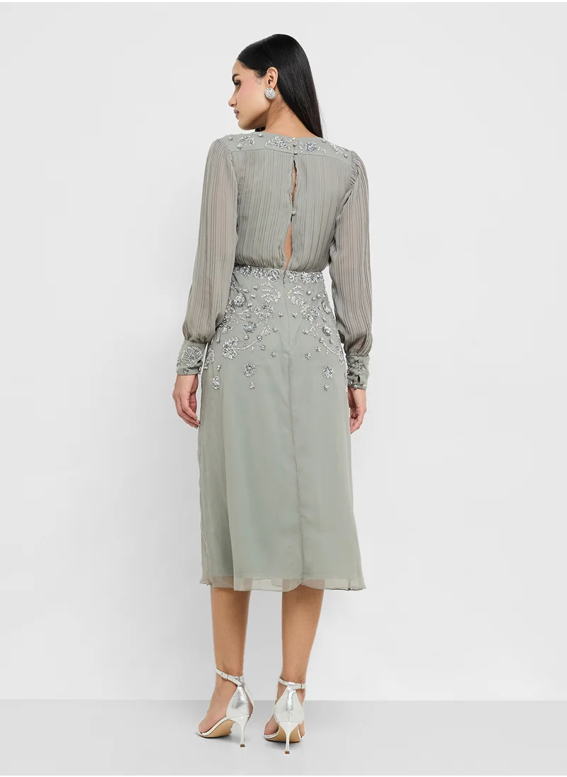 Frock and Frill Embellished Cuffed Sleeve V-Neck Midi Dress