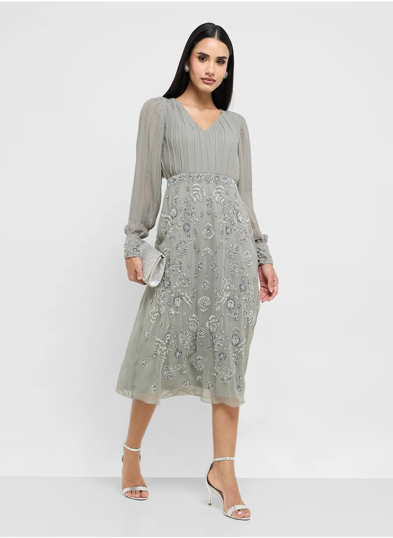 Frock and Frill Embellished Cuffed Sleeve V-Neck Midi Dress
