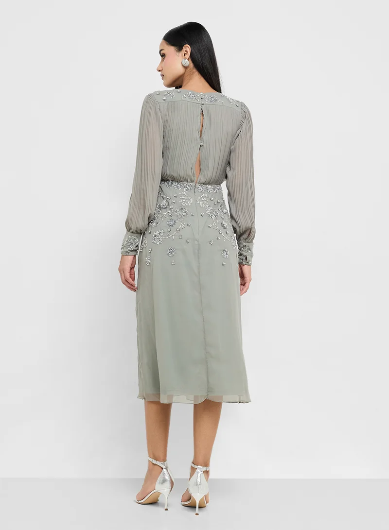 Frock and Frill Embellished Cuffed Sleeve V-Neck Midi Dress