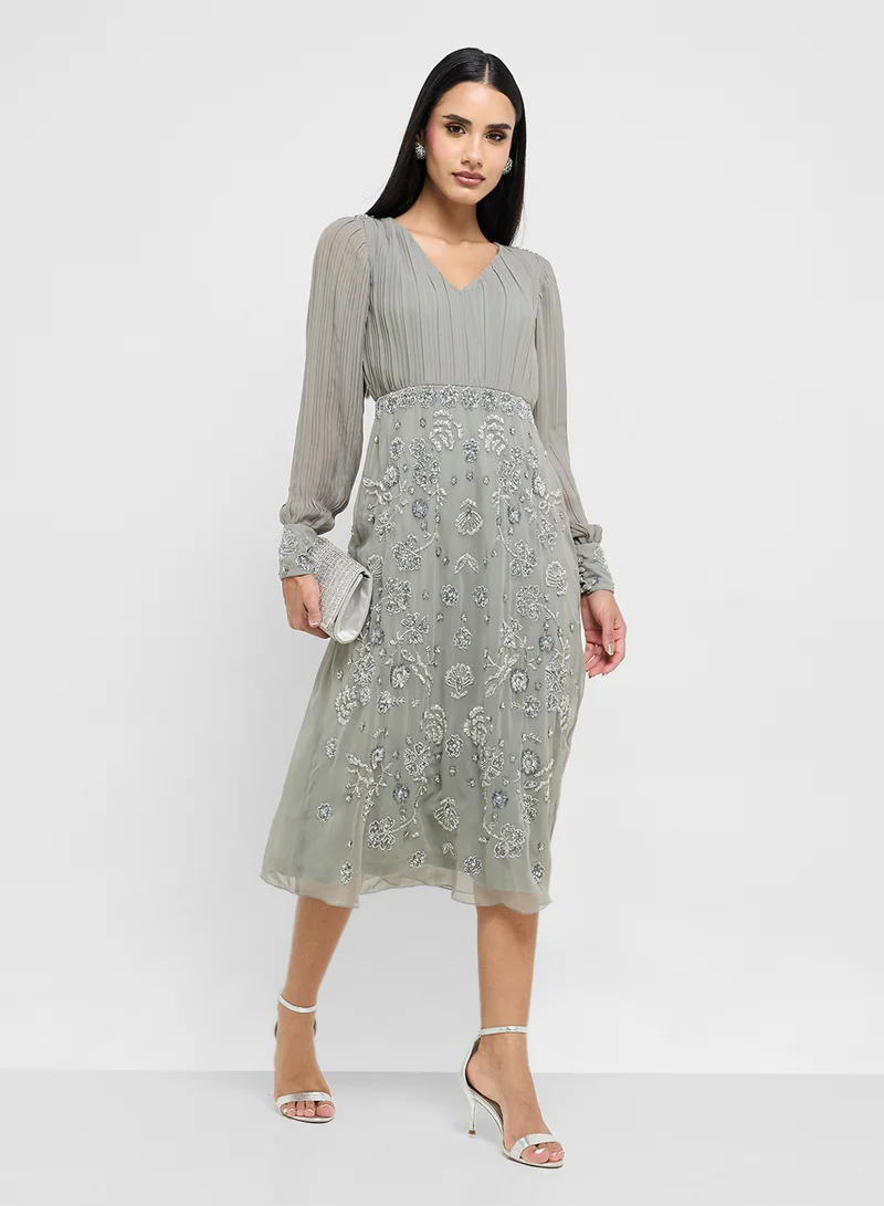 Frock and Frill Embellished Cuffed Sleeve V-Neck Midi Dress