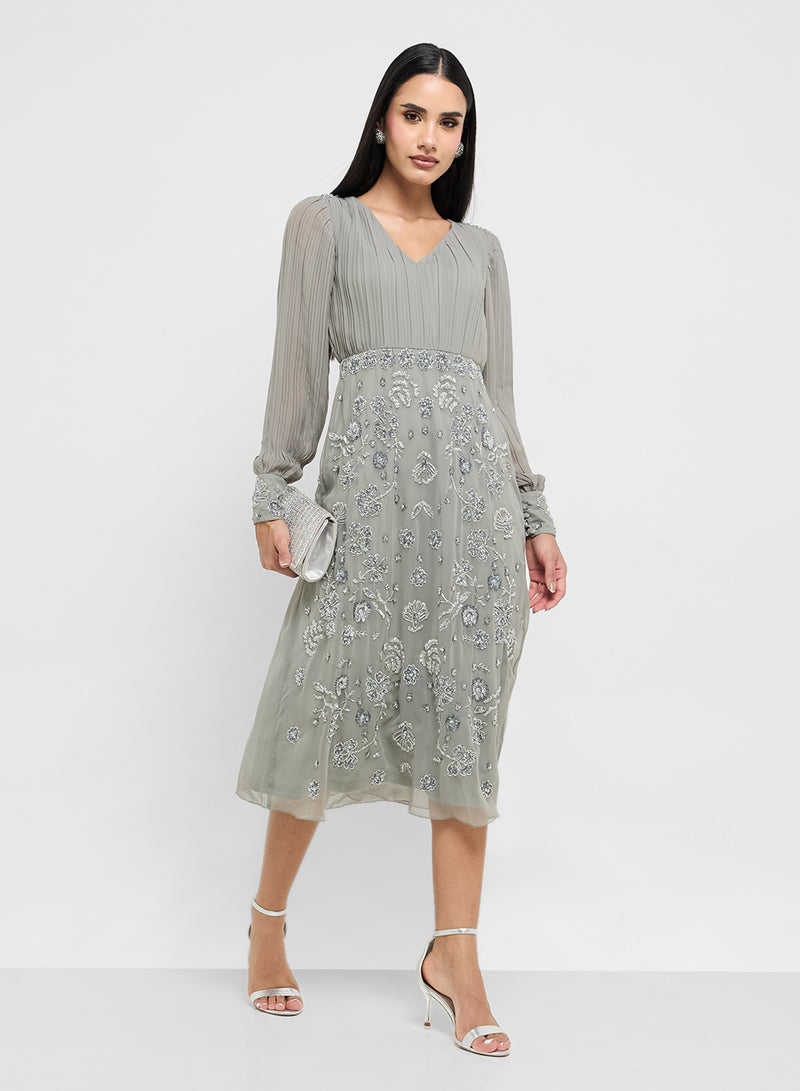 Frock and Frill Embellished Cuffed Sleeve V-Neck Midi Dress  - Image 1