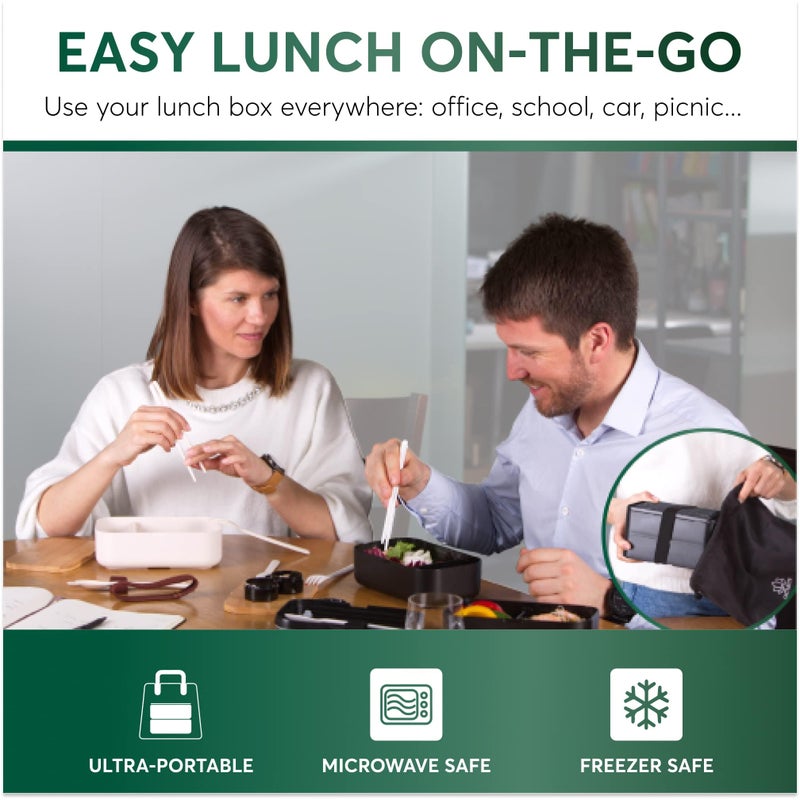 Umami Bento Box Adult All-In-1 w/4 Utensils, 2 Sauce Jars 2 Dividers,100% Leakproof, Microwave & Dishwasher Safe Stackable Bento Lunch Box Containers for Men/Women, Black, 68 oz - Image 2