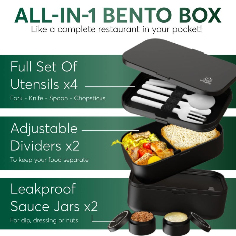 Umami Bento Box Adult All-In-1 w/4 Utensils, 2 Sauce Jars 2 Dividers,100% Leakproof, Microwave & Dishwasher Safe Stackable Bento Lunch Box Containers for Men/Women, Black, 68 oz - Image 3