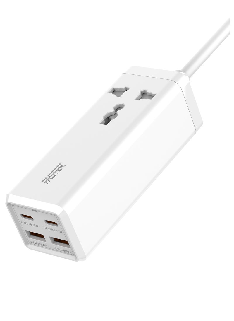 Faster - 65W Power Extension Cord with 2 USB C PD 65W and 2 USB A 60W  QC Fast Charging Adapter,1 Way Universal Plug Socket Outlet,TypeC Quick Charging Surge Protector UK Plug 2M Cable for All Smart Phones - Image 1