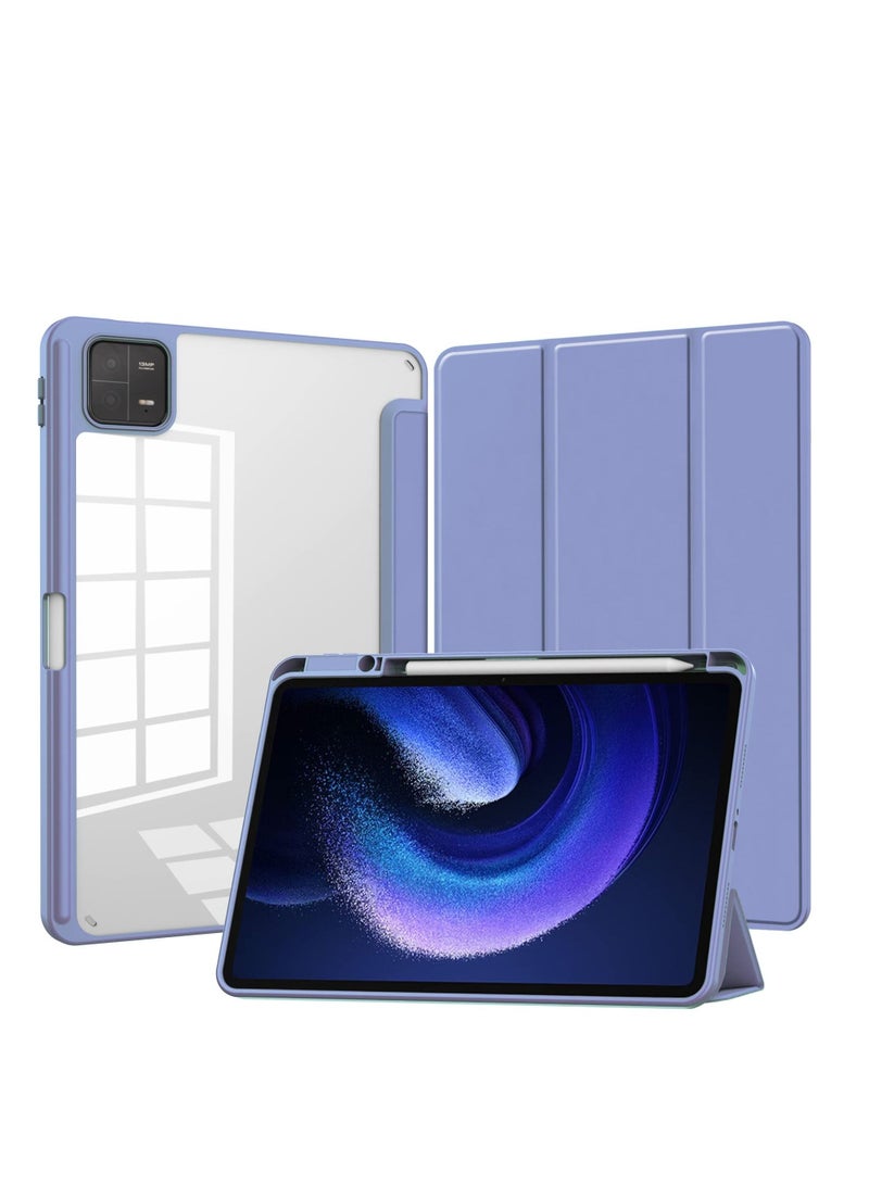 Case Compatible With Xiaomi Pad 6/6 Pro 11 Inch 2023 with Pencil Holder Clear Transparent Back Shell Slim Stand Shockproof Tablet Cover Auto Wake/Sleep (Lavender) - Image 1
