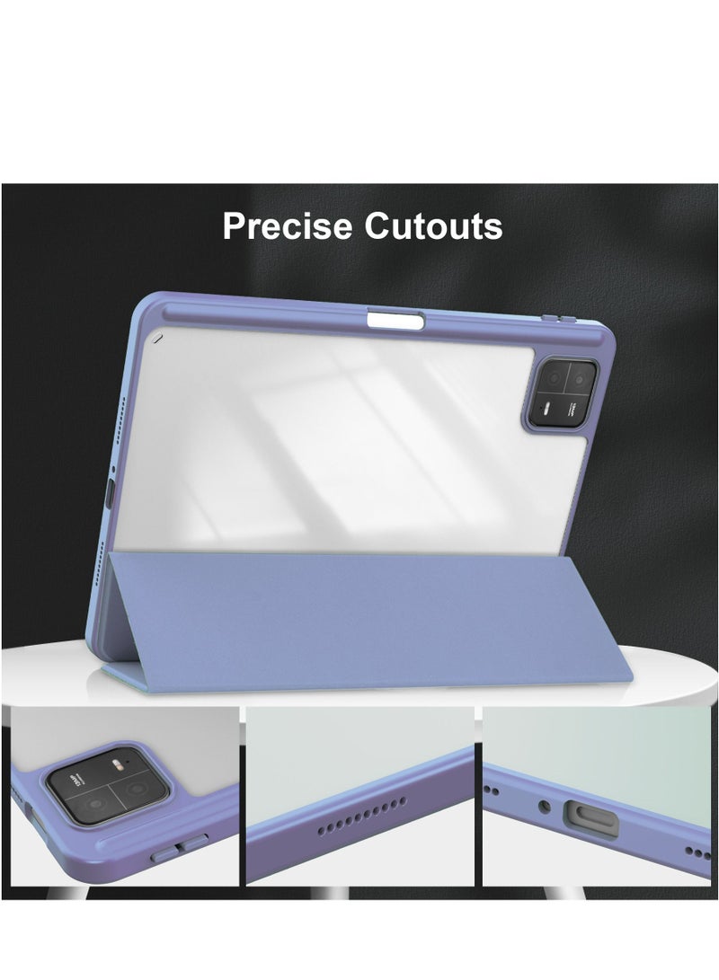 Case Compatible With Xiaomi Pad 6/6 Pro 11 Inch 2023 with Pencil Holder Clear Transparent Back Shell Slim Stand Shockproof Tablet Cover Auto Wake/Sleep (Lavender) - Image 3