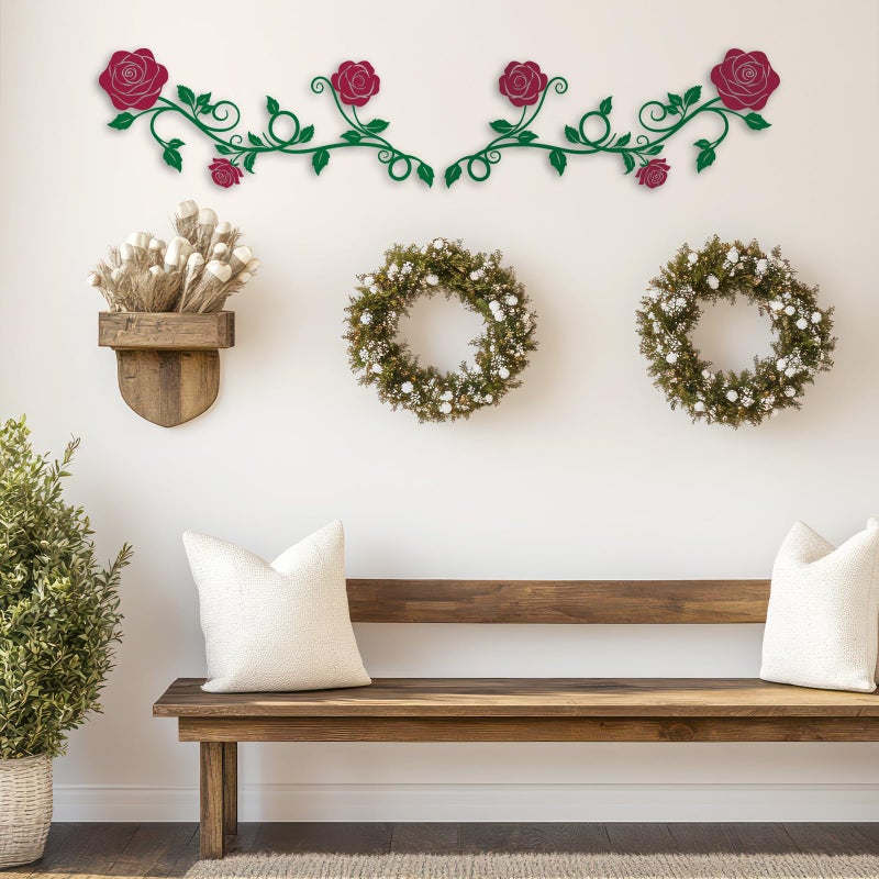 Pinetree Art 2 Pieces Metal Flower Wall Art Modern Vintage Rose Floral Branch Wall Decor for Living Room Hallway Bathroom (Red) - Image 3