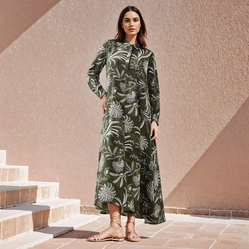 Iconic Printed Trapeze Maxi Dress with Collar
