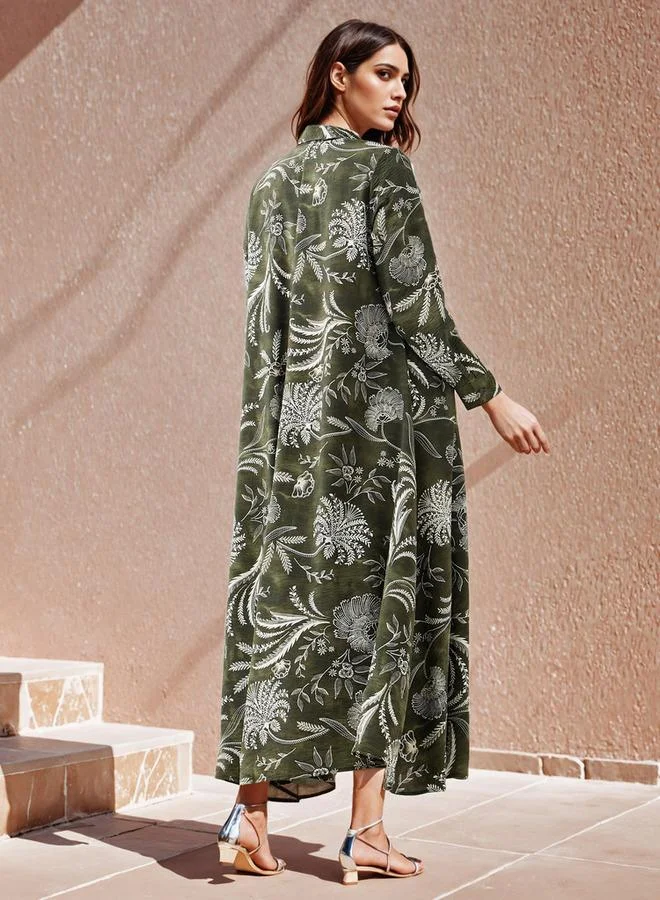 Iconic Iconic Printed Trapeze Maxi Dress with Collar