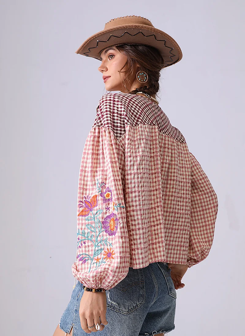 يونيكي Multicolor V-Neck Long Sleeves Boxy Top