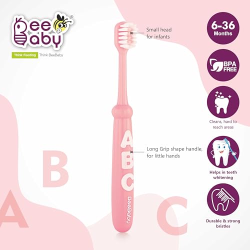 BeeBaby Brush Buddy Toothbrush for Infants 6 Months +. Small Head 10 x Super Soft Tapered Bristles ideal for Milk Teeth, 100% BPA Free. Blue & Pink. Pack of 2 - Image 2