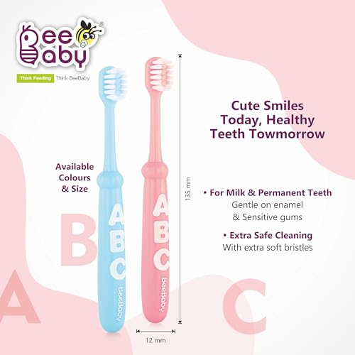 BeeBaby Brush Buddy Toothbrush for Infants 6 Months +. Small Head 10 x Super Soft Tapered Bristles ideal for Milk Teeth, 100% BPA Free. Blue & Pink. Pack of 2 - Image 5