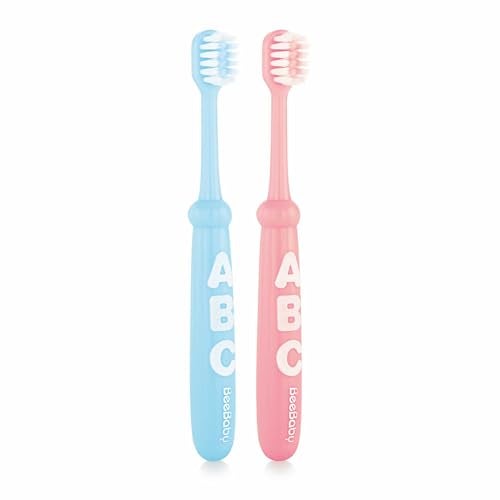 BeeBaby Brush Buddy Toothbrush for Infants 6 Months +. Small Head 10 x Super Soft Tapered Bristles ideal for Milk Teeth, 100% BPA Free. Blue & Pink. Pack of 2 - Image 1