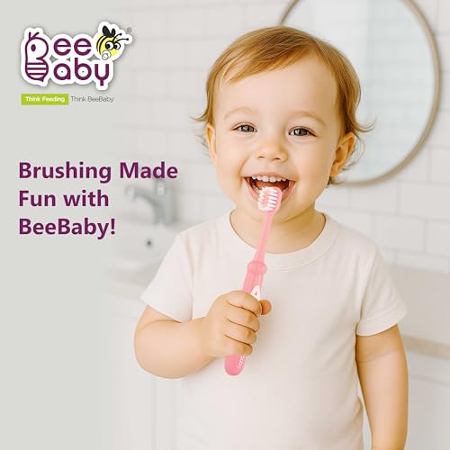 BeeBaby Brush Buddy Toothbrush for Infants 6 Months +. Small Head 10 x Super Soft Tapered Bristles ideal for Milk Teeth, 100% BPA Free. Blue & Pink. Pack of 2 - Image 4